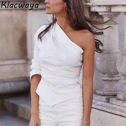 Women White One Shoulder Linen Blouse - Women's Shop Mad Fly Essentials