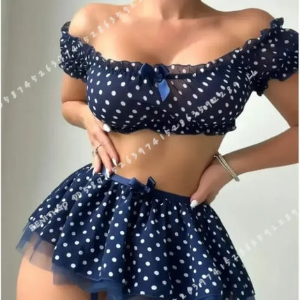 Lingerie Set Women Polka Dot Off Shoulder Mini Skirt - Lingerie Set - ELLOLACE - Mad Fly Essentials