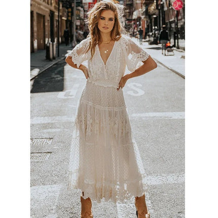 Maxi Dress Women Bohemian Lace White Sundress - Maxi Dress - RODDRSYA - Mad Fly Essentials