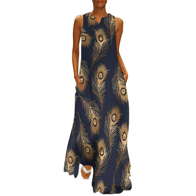 Maxi Dress Women Golden Summer Animal Peacock Dress - Maxi Dress - Aorsin - Mad Fly Essentials