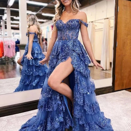 Maxi Dress Women Off Shoulder Blue Satin Prom Dress - Maxi Dress - PIERESA - Mad Fly Essentials