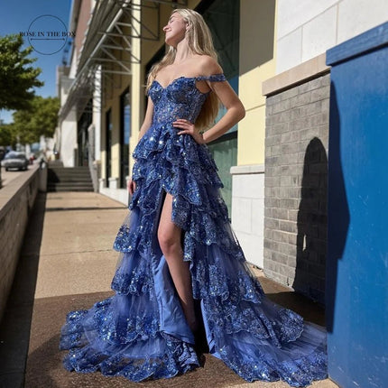 Maxi Dress Women Off Shoulder Blue Satin Prom Dress - Maxi Dress - PIERESA - Mad Fly Essentials