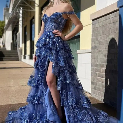 Maxi Dress Women Off Shoulder Blue Satin Prom Dress - Maxi Dress - PIERESA - Mad Fly Essentials