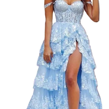 Maxi Dress Women Off Shoulder Blue Satin Prom Dress - Maxi Dress - PIERESA - Mad Fly Essentials