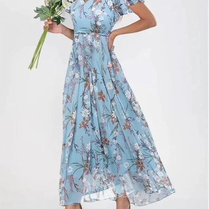 Maxi Dress Women Short Pink Floral Chiffon Ruffle Dress - Maxi Dress - Siddons - Mad Fly Essentials