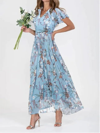 Maxi Dress Women Short Pink Floral Chiffon Ruffle Dress - Maxi Dress - Siddons - Mad Fly Essentials