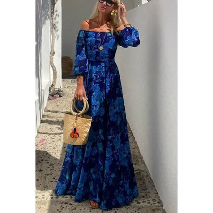 Maxi Dress Women Slash Neck Blue Elegant Dress - Maxi Dress - Owner Girl - Mad Fly Essentials
