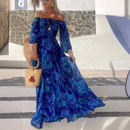 Maxi Dress Women Slash Neck Blue Elegant Dress - Maxi Dress - Owner Girl - Mad Fly Essentials