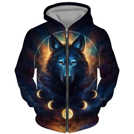Men 3D Wolf Moon Zip Streetwear Hoodies - Hoodies - Animal Elements - Mad Fly Essentials