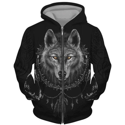 Men 3D Wolf Moon Zip Streetwear Hoodies - Hoodies - Animal Elements - Mad Fly Essentials