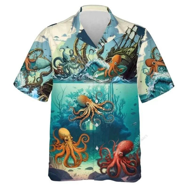 Men Animal Octopus Short Hawaiian Party Shirt - Shirt - Owlstream - Mad Fly Essentials