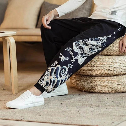 Men Black Chinese Dragon Harem Pants - Pants - Metaphor - Mad Fly Essentials