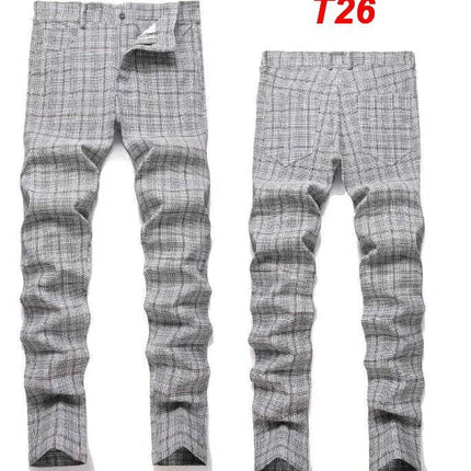Men Business Casual Elastic Straight Plaid Pants - Mad Fly Essentials