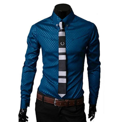 Men Checkered Plaid Blue Long Formal Dress Shirt - Shirt - BC - Mad Fly Essentials