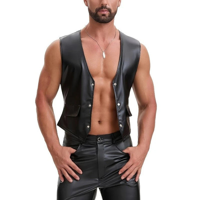 Men Clubwear Leather Button Strapless Jacket - Mens Clubwear - Cavving - Mad Fly Essentials