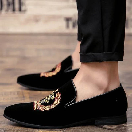 Men Embroidered Crown Velvet Party Loafers - Loafers - YRZL - Mad Fly Essentials