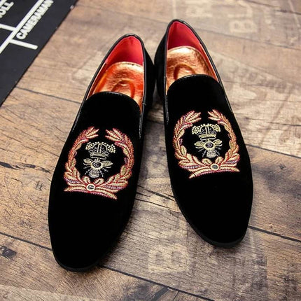 Men Embroidered Crown Velvet Party Loafers - Loafers - YRZL - Mad Fly Essentials