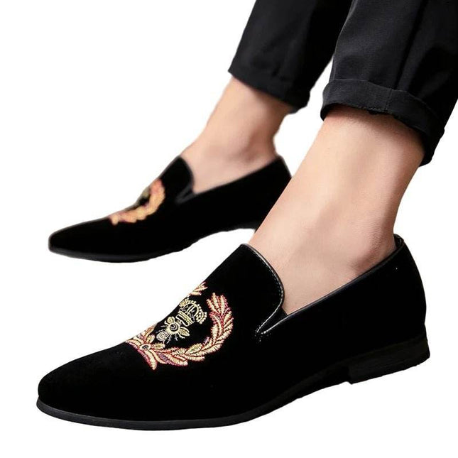 Men Embroidered Crown Velvet Party Loafers - Loafers - YRZL - Mad Fly Essentials