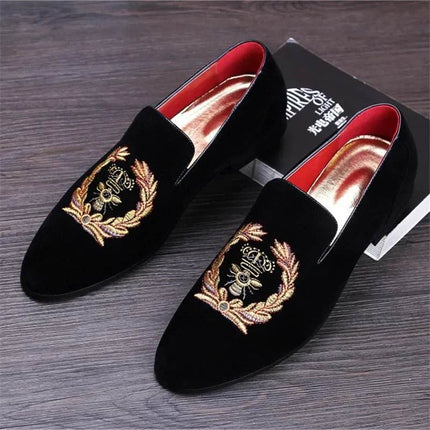 Men Embroidered Crown Velvet Party Loafers - Loafers - YRZL - Mad Fly Essentials