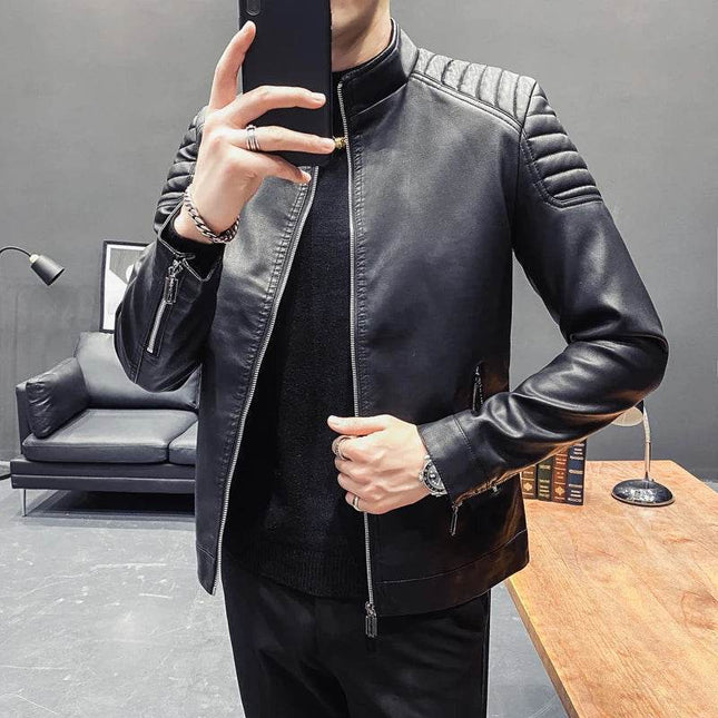 Men Fashion Leather Solid Stand Collar Jacket - Jacket - Sorenwing - Mad Fly Essentials