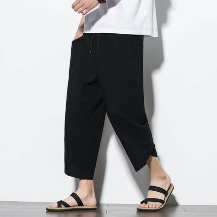 Men Khaki Black Asian Linen Harem Pants - Mad Fly Essentials