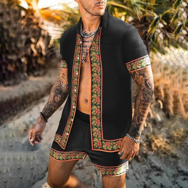 Men Lapel Patchwork Short Hawaiian Tracksuit - Tracksuit - Samlona - Mad Fly Essentials