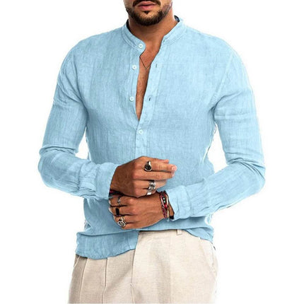 Men Long Stand Collar Linen Beach Shirt - Mad Fly Essentials