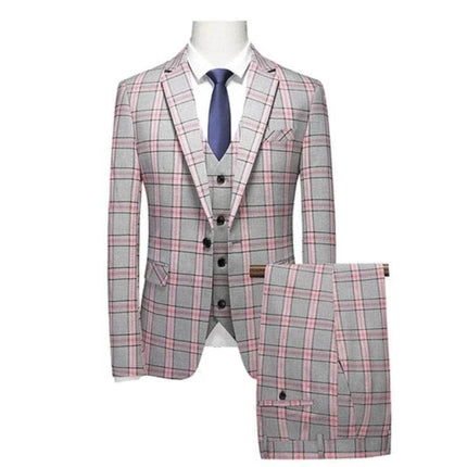 Men Red Striped Plaid 3pc Dress Suit Blazer - Blazer - Idealism - Mad Fly Essentials