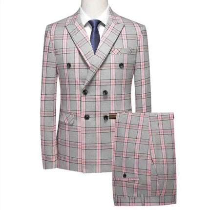 Men Red Striped Plaid 3pc Dress Suit Blazer - Mad Fly Essentials
