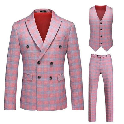 Men Red Striped Plaid 3pc Dress Suit Blazer - Mad Fly Essentials