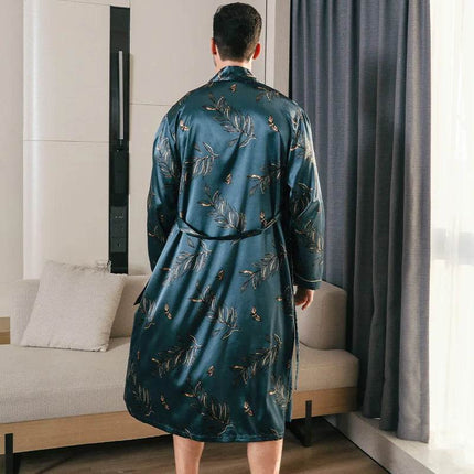 Men Silk Satin Long Blue Multicolor Bathrobe Sleepwear Set - Sleepwear Set - Sleep Essentials - Mad Fly Essentials