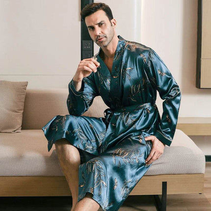 Men Silk Satin Long Blue Multicolor Bathrobe Sleepwear Set - Sleepwear Set - Sleep Essentials - Mad Fly Essentials