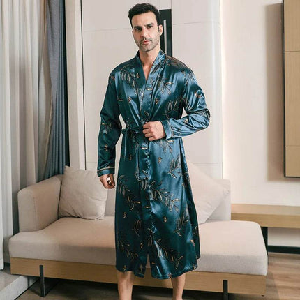 Men Silk Satin Long Blue Multicolor Bathrobe Sleepwear Set - Sleepwear Set - Sleep Essentials - Mad Fly Essentials