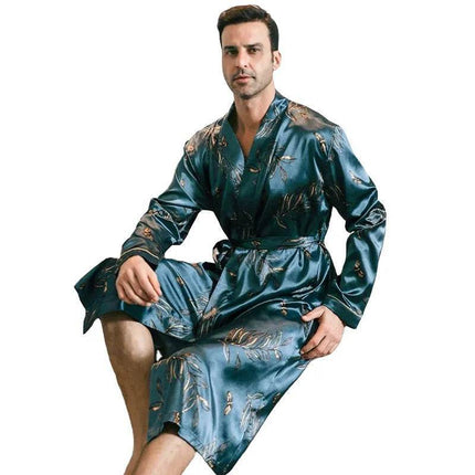 Men Silk Satin Long Blue Multicolor Bathrobe Sleepwear Set - Sleepwear Set - Sleep Essentials - Mad Fly Essentials