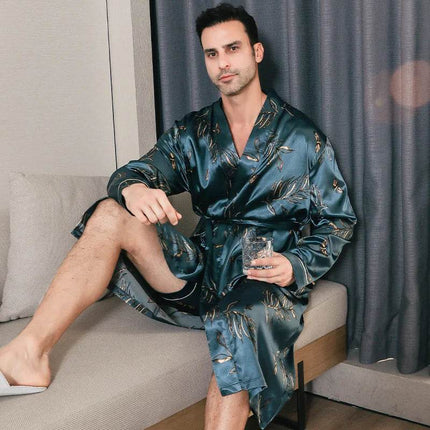 Men Silk Satin Long Blue Multicolor Bathrobe Sleepwear Set - Sleepwear Set - Sleep Essentials - Mad Fly Essentials