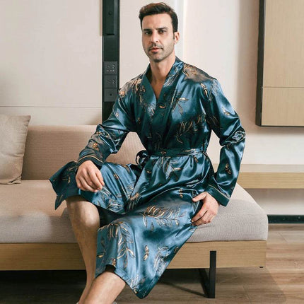 Men Silk Satin Long Blue Multicolor Bathrobe Sleepwear Set - Sleepwear Set - Sleep Essentials - Mad Fly Essentials