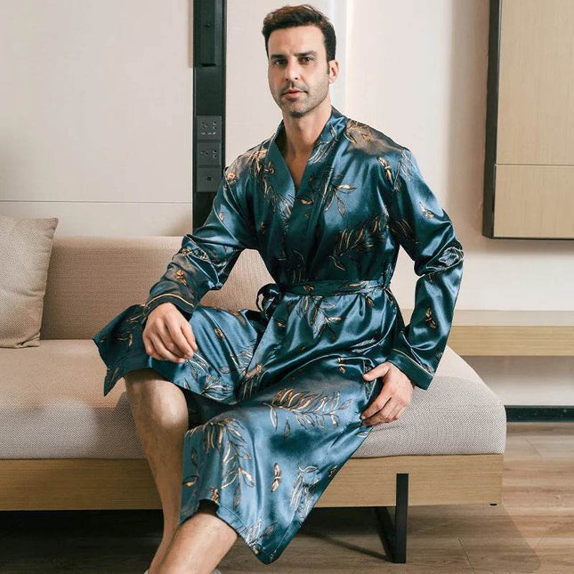 Men Silk Satin Long Blue Multicolor Bathrobe Sleepwear Set - Sleepwear Set - Sleep Essentials - Mad Fly Essentials