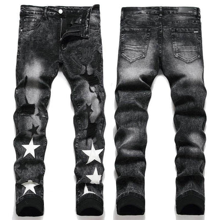 Men Slim Embroidered Distressed Star Jeans - Jeans - EH - MD Jeans - Mad Fly Essentials