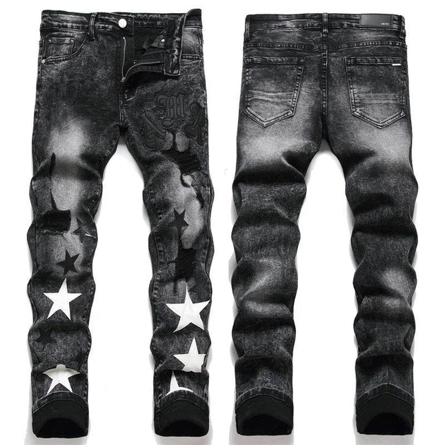 Men Slim Embroidered Distressed Star Jeans - Jeans - EH - MD Jeans - Mad Fly Essentials