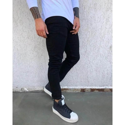 Men Solid Black European Denim Elastic Pants - Pants - ANPOETCHY - Mad Fly Essentials
