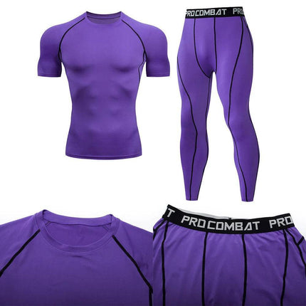 Men Solid Purple Black Compression Fitness Set Tracksuit - Mad Fly Essentials