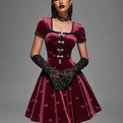 Midi Dress Women Gothic Red Velvet Embossed Dress - MIDI Dress - Boho Girl - Mad Fly Essentials