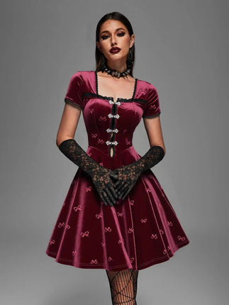 Midi Dress Women Gothic Red Velvet Embossed Dress - MIDI Dress - Boho Girl - Mad Fly Essentials