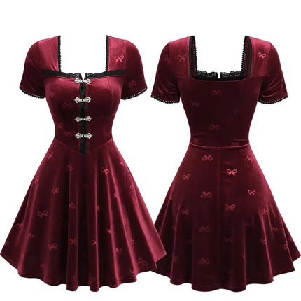 Midi Dress Women Gothic Red Velvet Embossed Dress - MIDI Dress - Boho Girl - Mad Fly Essentials