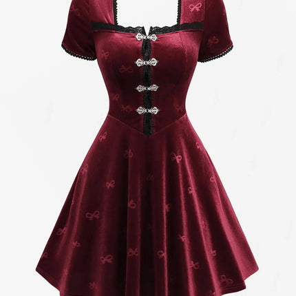 Midi Dress Women Gothic Red Velvet Embossed Dress - MIDI Dress - Boho Girl - Mad Fly Essentials