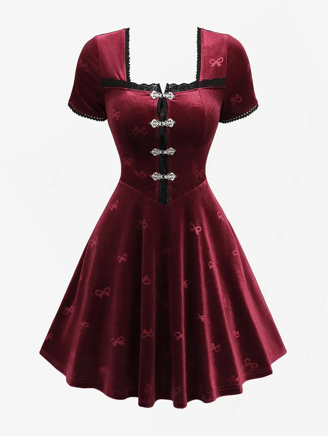 Midi Dress Women Gothic Red Velvet Embossed Dress - MIDI Dress - Boho Girl - Mad Fly Essentials