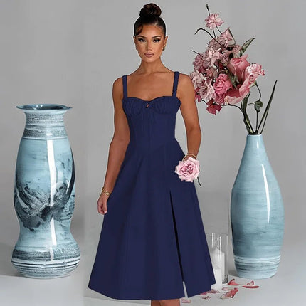 Midi Dress Women Summer Floral Blue Dress - MIDI Dress - Gothica - Mad Fly Essentials