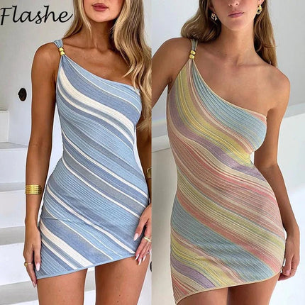Mini Dress Women Diagonal Collar Patchwork Bodycon Dress - Mini Dress - LCSKEREAL - Mad Fly Essentials