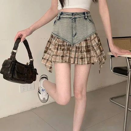 Mini Skirt Women Patchwork High Waist A-Line Denim Skirt - Mini Skirt - AOMEI - Mad Fly Essentials