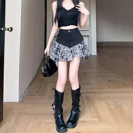 Mini Skirt Women Patchwork High Waist A-Line Denim Skirt - Mini Skirt - AOMEI - Mad Fly Essentials